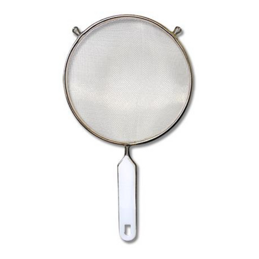 Metal strainer with a white handle on a white background