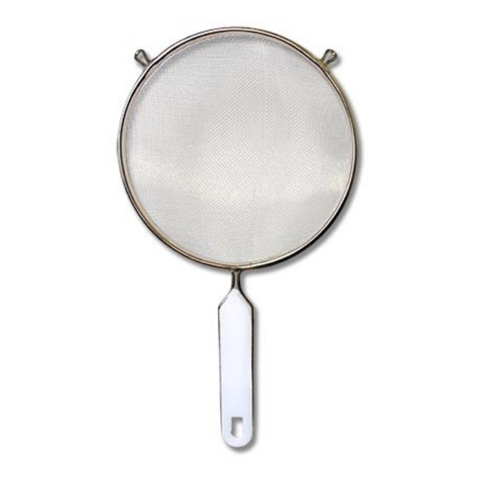 Metal strainer with a white handle on a white background
