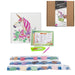 Cross-stitching kit with unicorn design, materials, and packaging on a white background