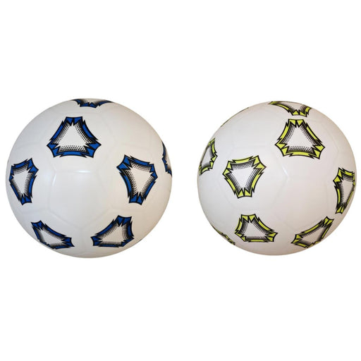 Two soccer balls with blue and green star patterns on a white background