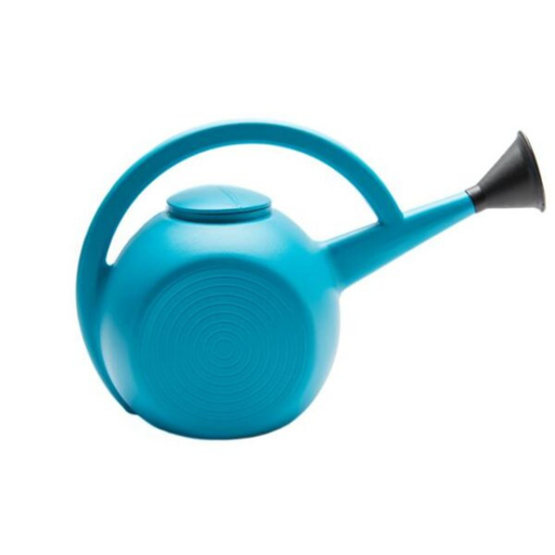 Blue watering can with a black nozzle on a white background