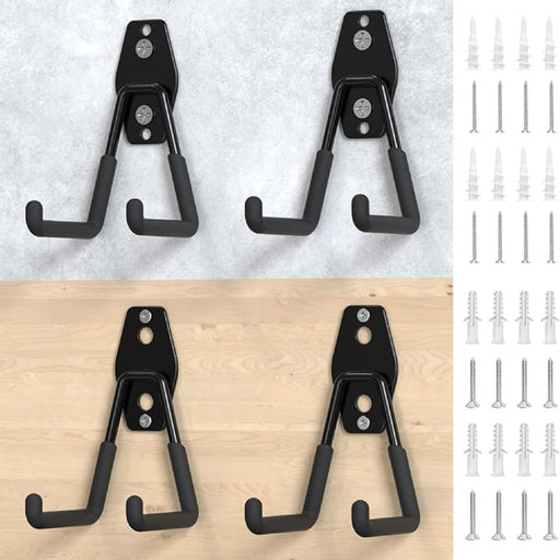 Two black wall hooks on a textured gray background with additional screws on the side.