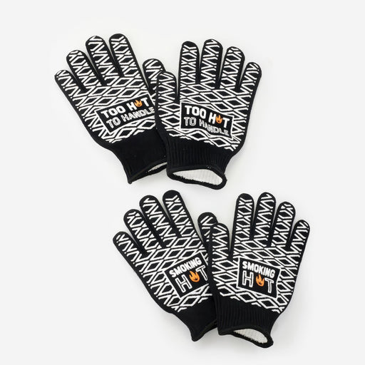 Two pairs of black gloves with white text and patterns on a white background