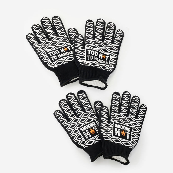 Two pairs of black gloves with white text and patterns on a white background