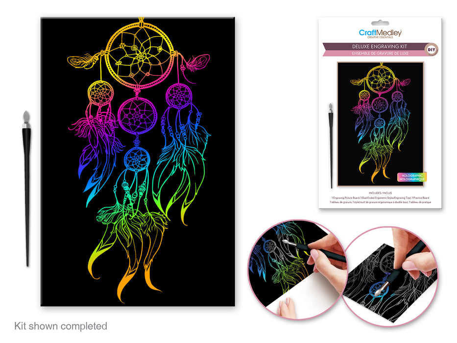 Colorful dreamcatcher design on a black background with an Engraving Kit packaging.