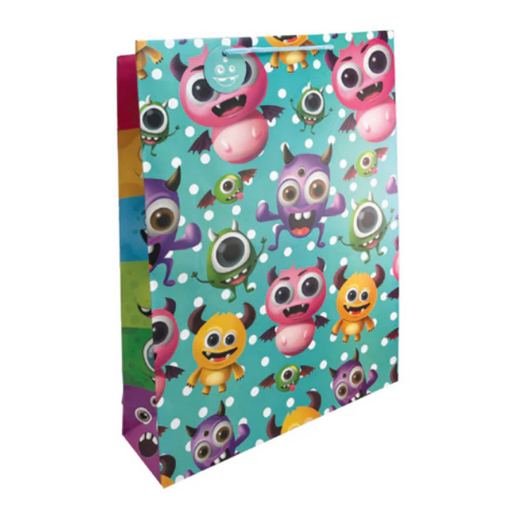 Jumbo-sized gift bag featuring a colorful cartoon monster pattern on a teal background with rainbow-colored sides.