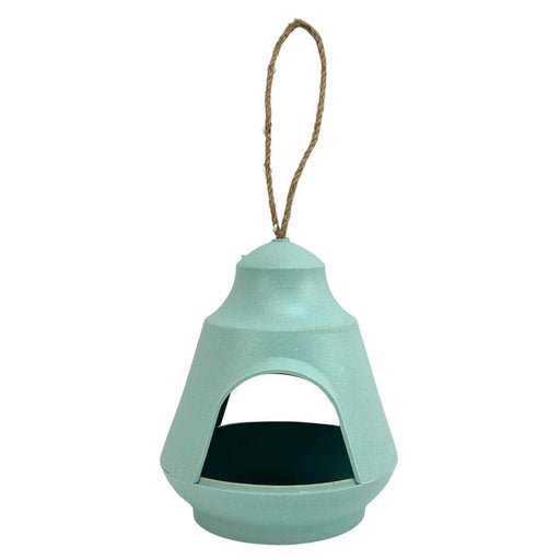 Teal hanging bird feeder with a rope on a white background