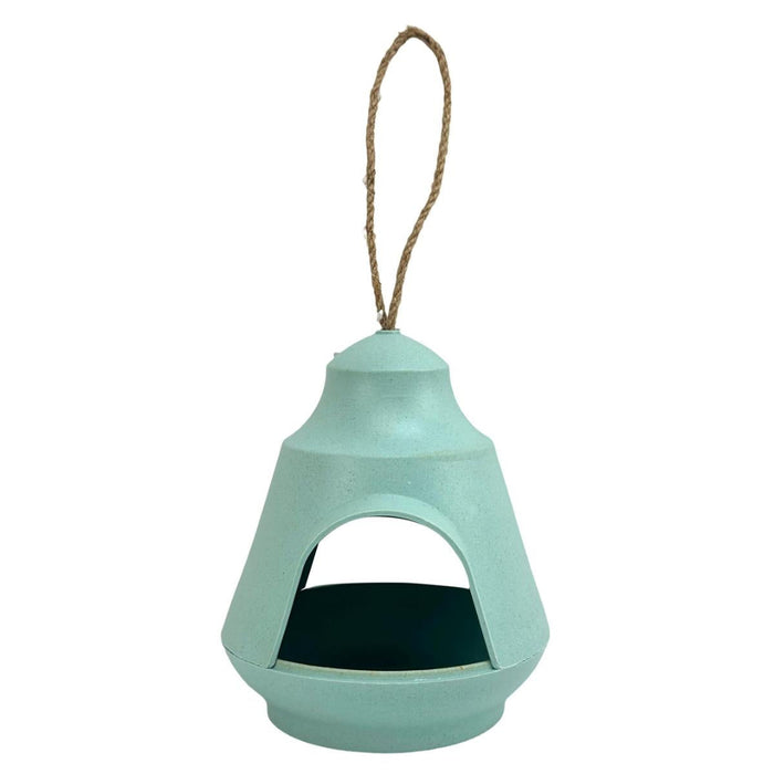 Teal hanging bird feeder with a rope on a white background