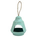 Teal hanging bird feeder with a rope on a white background