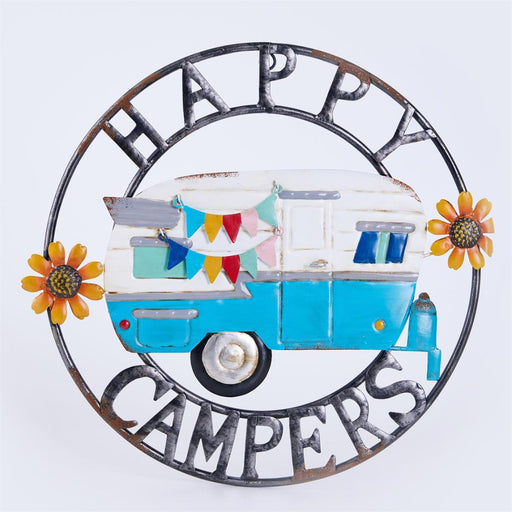 Decorative sign with a camper design and 'Happy Campers' text on a white background