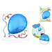 Blue balloon wall decal with curled streamers in silver, pink, and gold. Packaging and close-up showing glossy texture and balloon party setup.