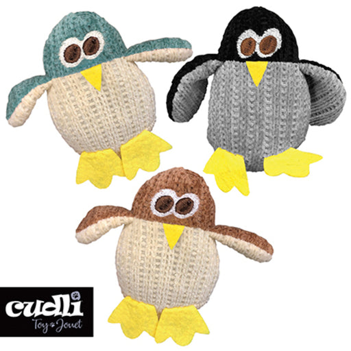 Three knitted penguin toys in different colors with 'Cuddli' branding.