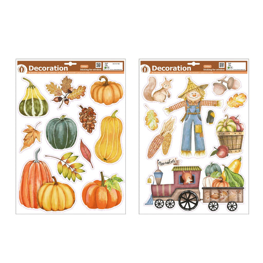 Two sheets of autumn-themed decorative stickers on a white background. The left sheet features pumpkins, gourds, acorns, and leaves, while the right sheet features a scarecrow, a small train loaded with produce, acorns, and leaves.