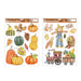 Two sheets of autumn-themed decorative stickers on a white background. The left sheet features pumpkins, gourds, acorns, and leaves, while the right sheet features a scarecrow, a small train loaded with produce, acorns, and leaves.