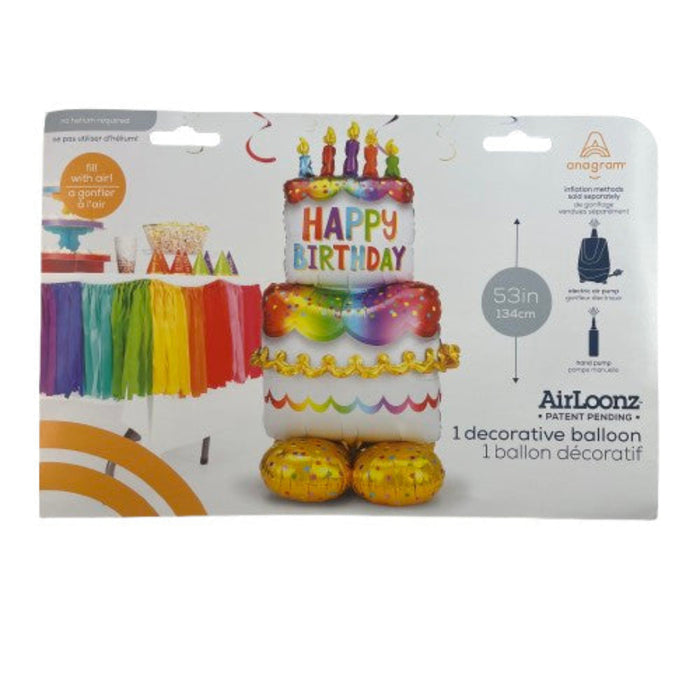 Packaged AirLoonz decorative balloon shaped like a birthday cake with candles on a white background