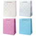Four quilted paper shopping bags arranged in a 2x2 grid on a white background, featuring diamond-quilted patterns with small rhinestone-like accents in white, silver, pink, and light blue.