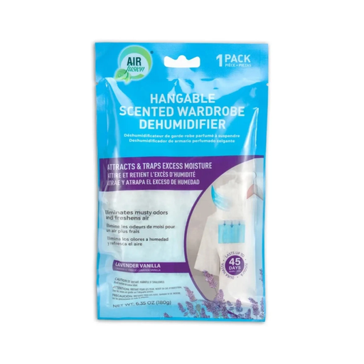 Packaged hangable scented wardrobe dehumidifier with blue and white design on a white background