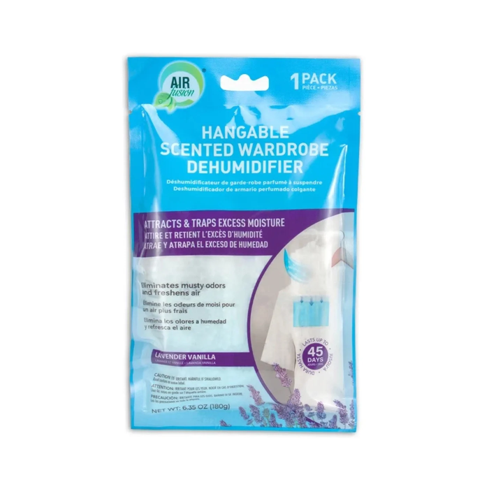 Packaged hangable scented wardrobe dehumidifier with blue and white design on a white background