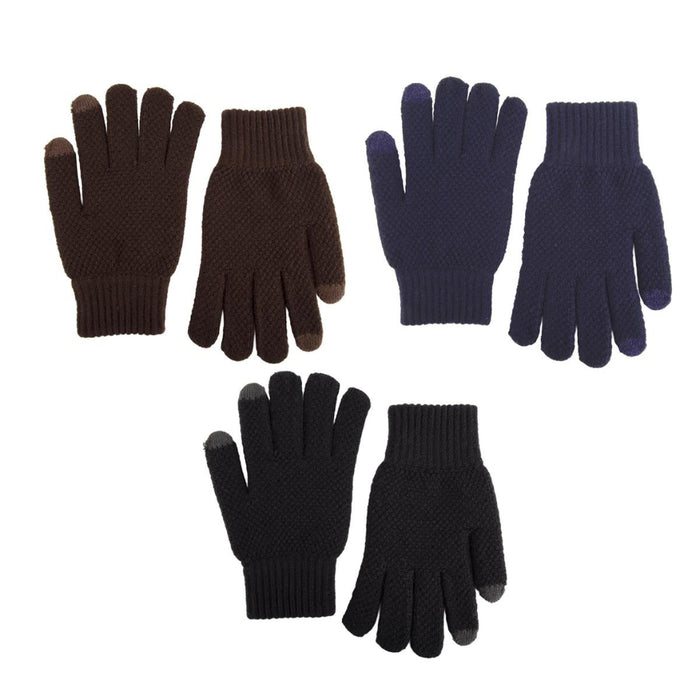 Three pairs of knit touchscreen-compatible gloves shown flat against a white background, in dark brown, navy blue, and black.