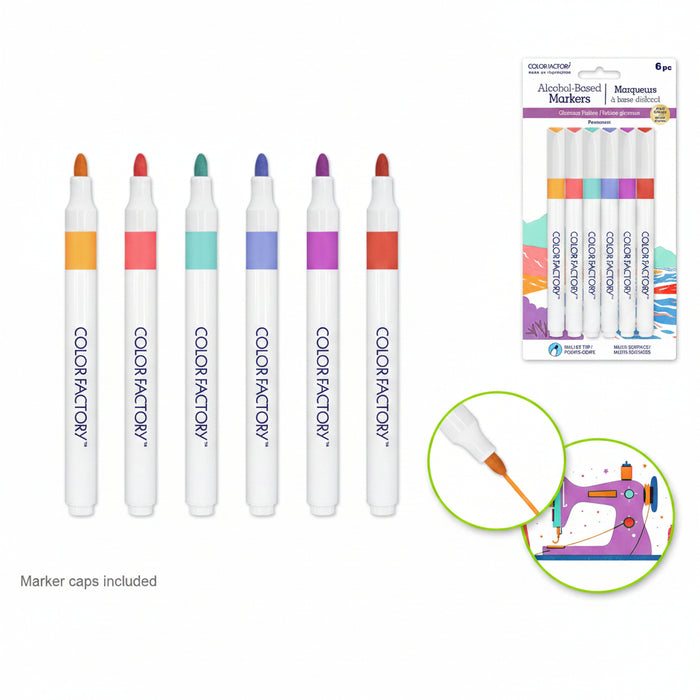Six Color Factory alcohol-based markers in assorted colors shown upright, with a package of the markers and two circular inset callouts demonstrating marker tip use on fabric and a sewing machine.