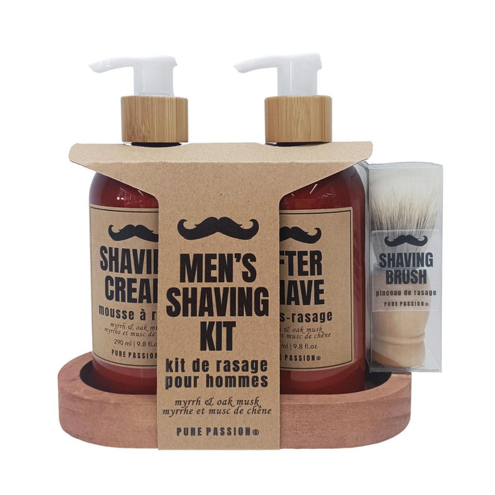 Men's Shaving Kit with bottles and brush on a wooden stand