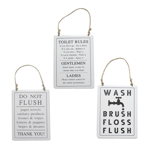 Set of three hanging signs with humorous bathroom rules on a white background
