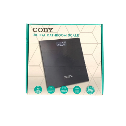 Coby digital bathroom scale packaging on a white background