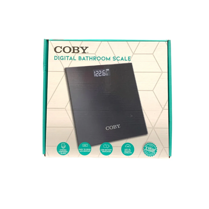 Coby digital bathroom scale packaging on a white background