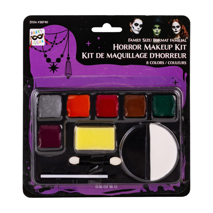 A Halloween horror makeup kit in retail packaging, featuring 8 colors of face paint, a sponge, dual applicators, and a black-and-white mirror on a black and purple backing card.