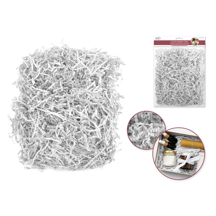 White crinkle basket filler shown loose and in retail packaging, with close-up and inset of it used to line a gift box containing jars and spritz bottles.