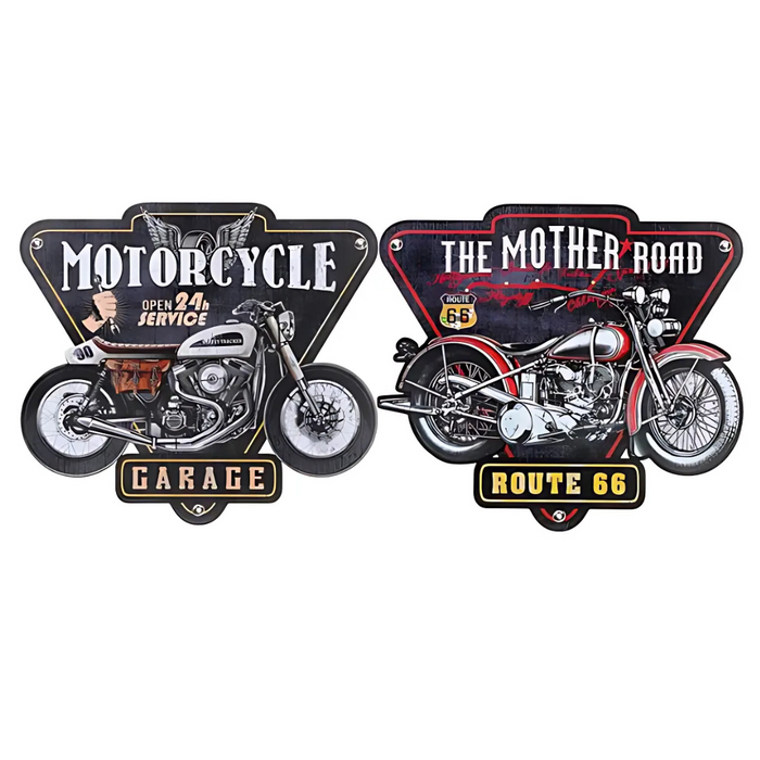 Two assorted motorcycle-shaped garage and Route 66 signs with vintage-style designs.