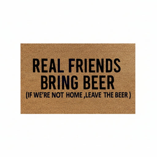 Doormat with humorous text 'Real friends bring beer (if we're not home, leave the beer)' on a brown background