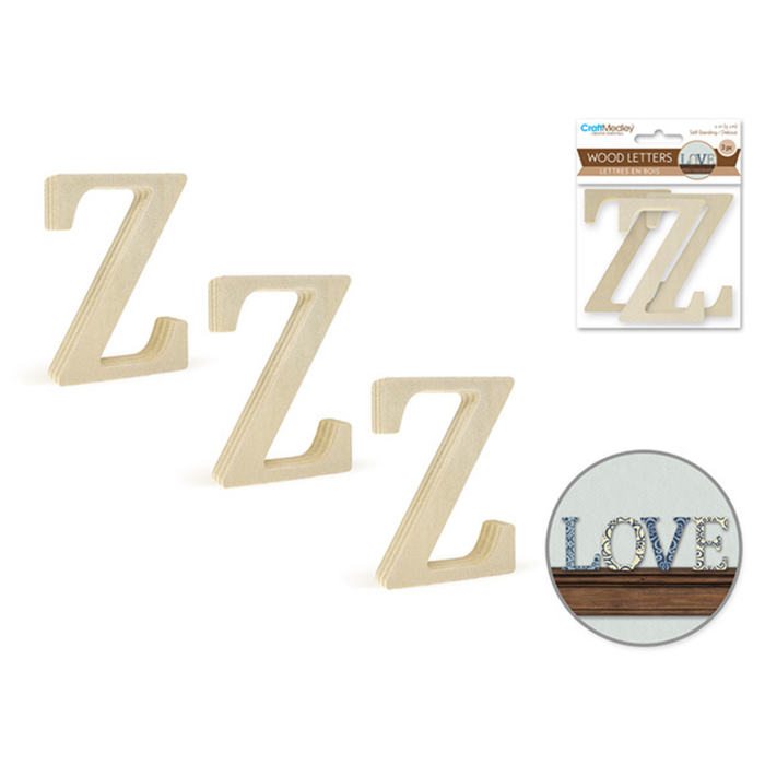 Wooden letter 'Z' with packaging and a decorative use example on a white background