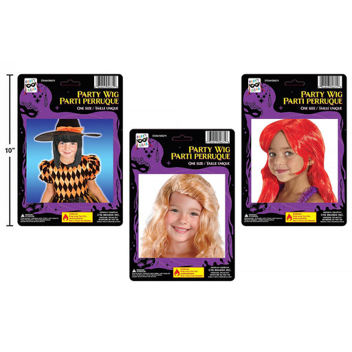 Three packaged children's party wigs on a white background, each in a different color: black with orange, light blonde, and bright red. The packages show model photos, Halloween-themed purple graphics, and the text 'Party Wig Parti Perrique' with 'One Size / Taille Unique'.