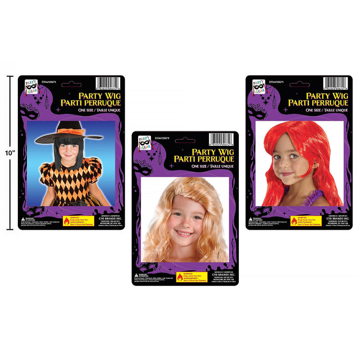 Three packaged children's party wigs on a white background, each in a different color: black with orange, light blonde, and bright red. The packages show model photos, Halloween-themed purple graphics, and the text 'Party Wig Parti Perrique' with 'One Size / Taille Unique'.
