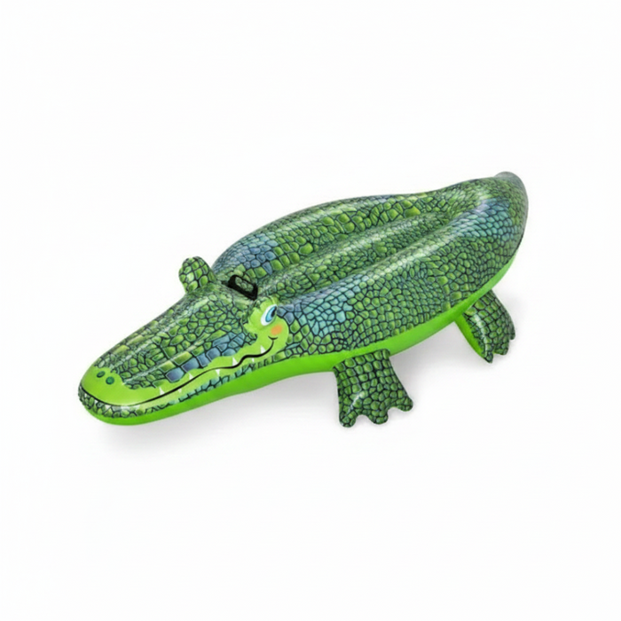 A green crocodile-shaped inflatable ride-on toy with blue patterns resembling scales and eyes detailed to enhance its appearance.