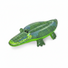 A green crocodile-shaped inflatable ride-on toy with blue patterns resembling scales and eyes detailed to enhance its appearance.