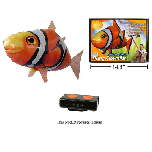 Remote control flying clownfish toy with packaging and helium requirement text.