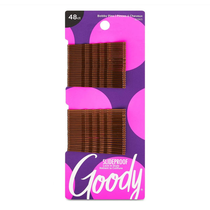 Goody SlideProof 48-count brown bobby pins displayed on purple and pink packaging.