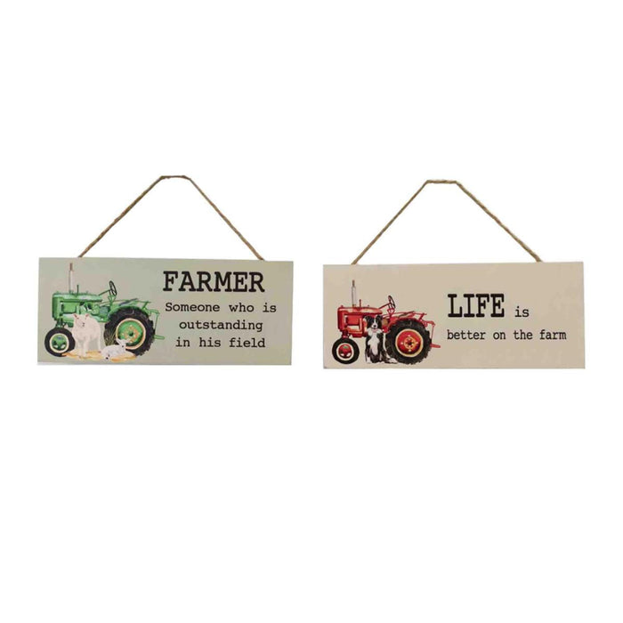 Two wooden signs with tractors and text on a white background