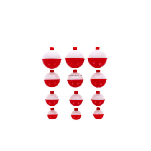 Red and white fishing floats arranged in a grid on a white background