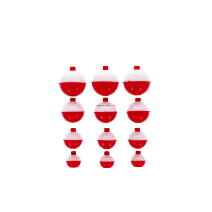 Red and white fishing floats arranged in a grid on a white background