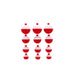 Red and white fishing floats arranged in a grid on a white background