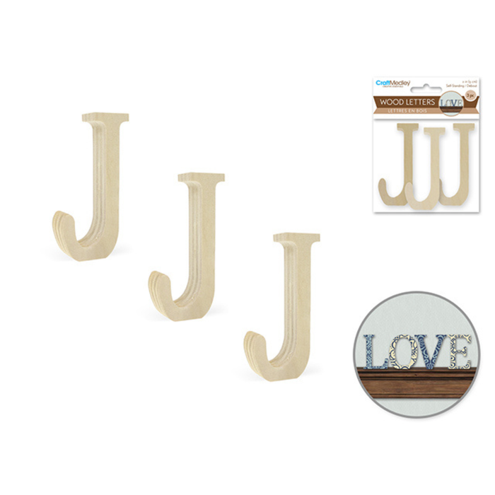 Wooden letter 'J' with packaging and a decorative use example on a white background