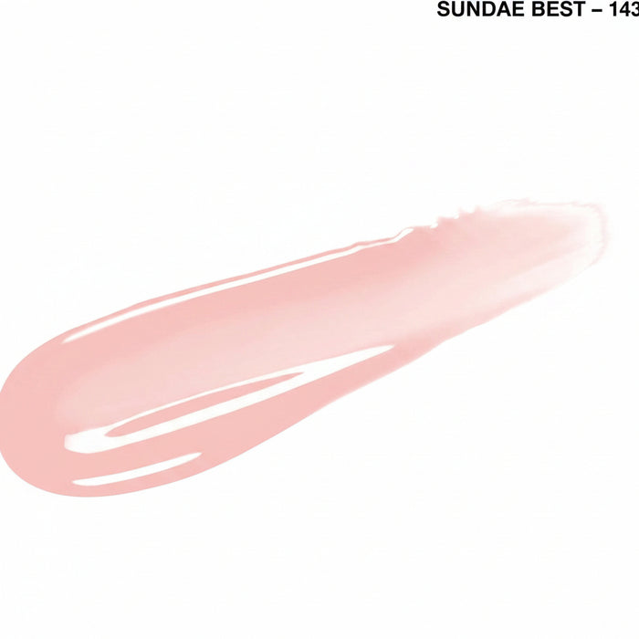 A pale pink cosmetic swatch smear on a white background with the text 'SUNDAE BEST - 143' in the top right corner.