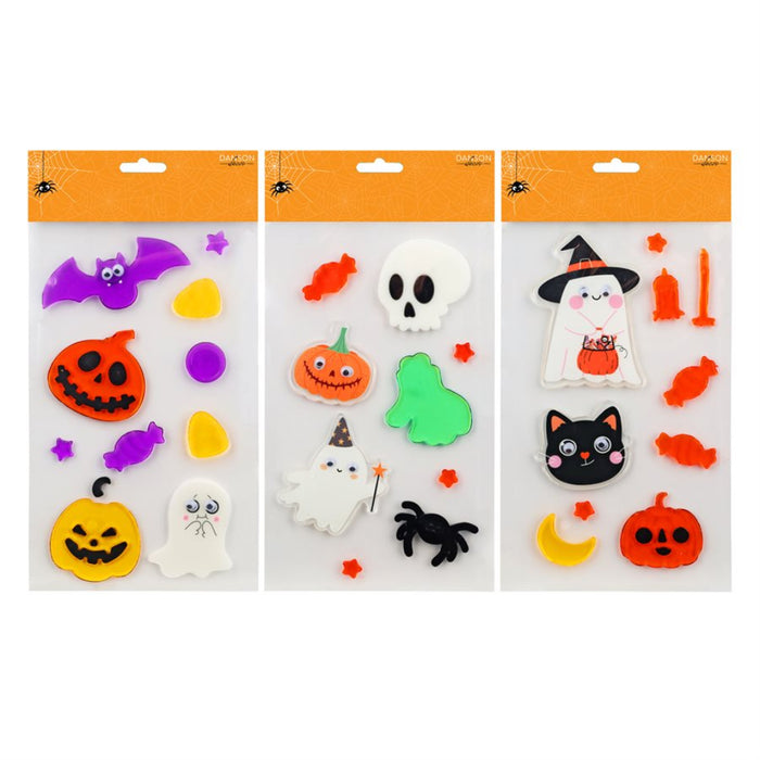 Three packages of Halloween-themed foam stickers on a white background. The stickers include jack-o'-lanterns, ghosts, a witch, a black cat, a bat, a skull, candles, candy, and moons in orange, purple, green, black, white, and yellow.