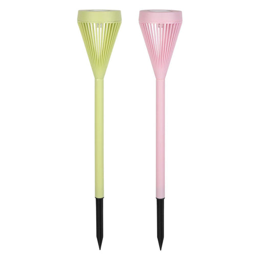 Two garden torches, one green and one pink, on a white background.