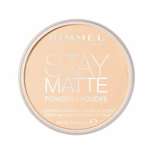 Rimmel London Stay Matte Powder in a round compact with a light peach-beige pressed powder and white text on a white background.