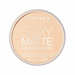 Rimmel London Stay Matte Powder in a round compact with a light peach-beige pressed powder and white text on a white background.