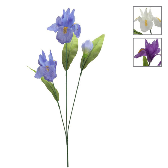 Three artificial blue-purple iris flowers with green leaves on a white background, with two small inset images in the top right showing alternate white and purple color options.